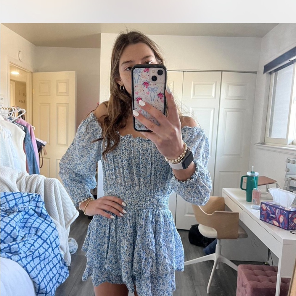 American eagle floral ruffle romper blue